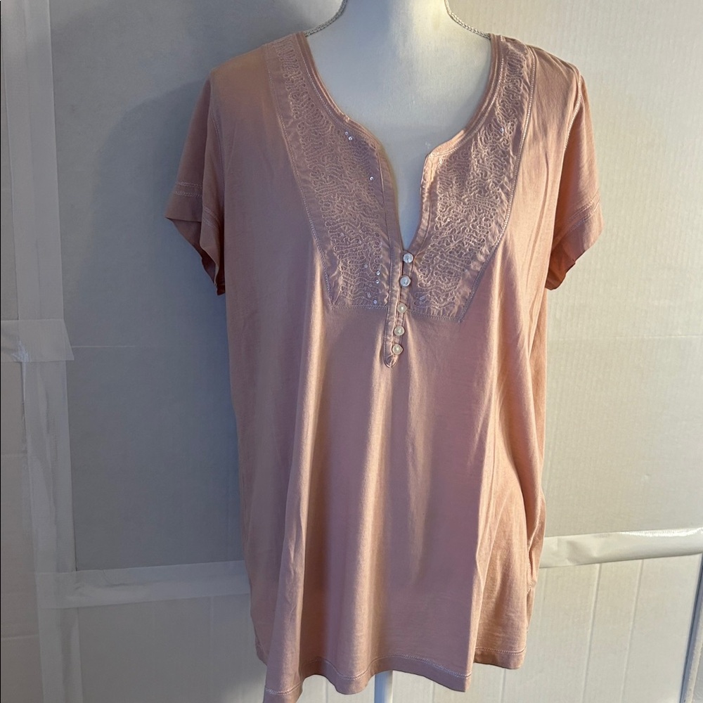 Eddie Bauer Womens Pink S/S Button Placket Sequin Embellished Top. Sz XL